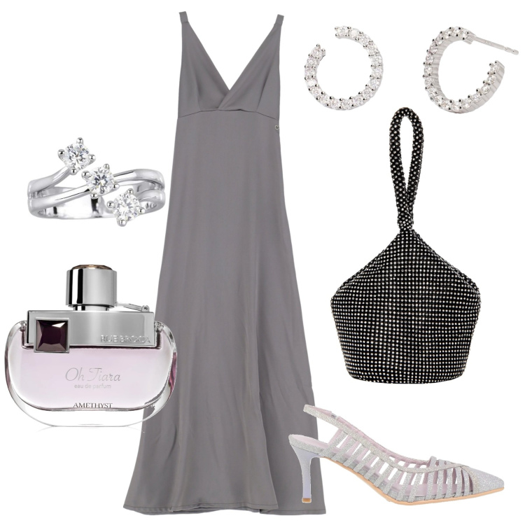 Outfit donna - Eterea. Stile Chic per Serata fuori. Abbinamento con décolleté, pochette, profumi, vestiti lunghi, anelli, orecchini.