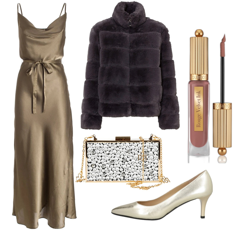 Outfit donna - Come una Dea. Stile Glamour per Serata fuori. Abbinamento con ecopellicce, décolleté, rossetti, pochette, vestiti lunghi.