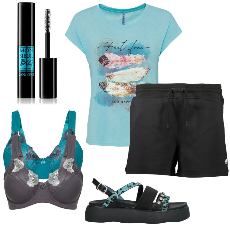 Outfit donna - Azzurro. Stile Casual per Tutti i giorni. Abbinamento con reggiseni, t-shirt, sandali in pelle, mascara, pantaloni.