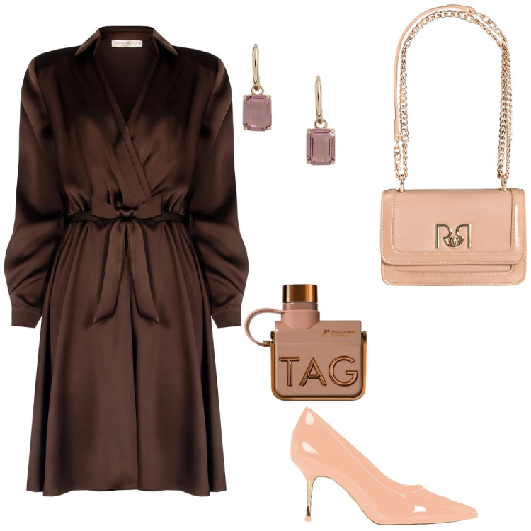 Outfit donna - Seta. Stile Bon Ton per Serata fuori. Abbinamento con profumi, vestiti corti, décolleté, borse a tracolla, orecchini.