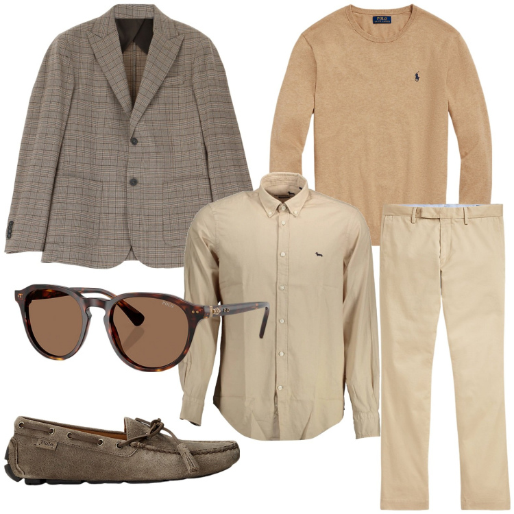 Outfit uomo - Toni neutri. Stile Trendy per Ufficio. Abbinamento con giacche, scarpe stringate, pantaloni chino, maglieria, occhiali da sole, camicie.