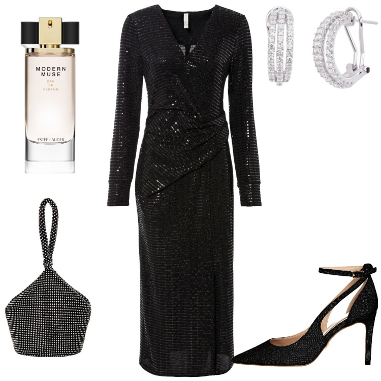 Outfit donna - Veglione. Stile Glamour per Serata fuori. Abbinamento con vestiti, profumi, orecchini, décolleté, pochette.