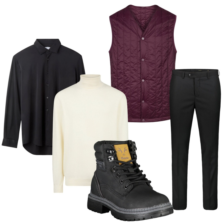 Outfit uomo - Gilet wine. Stile Urban per Ufficio. Abbinamento con camicie, piumini, pantaloni, stivali, maglieria.