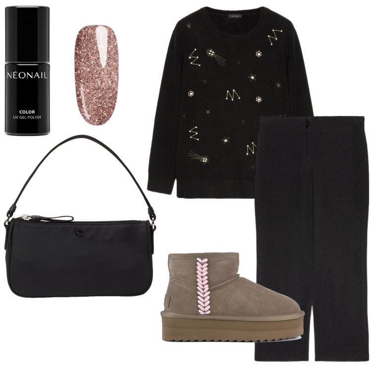 Outfit donna - La Vigilia. Stile Casual per Serata fuori. Abbinamento con smalti, maglieria, pantaloni a palazzo, pochette, stivaletti.