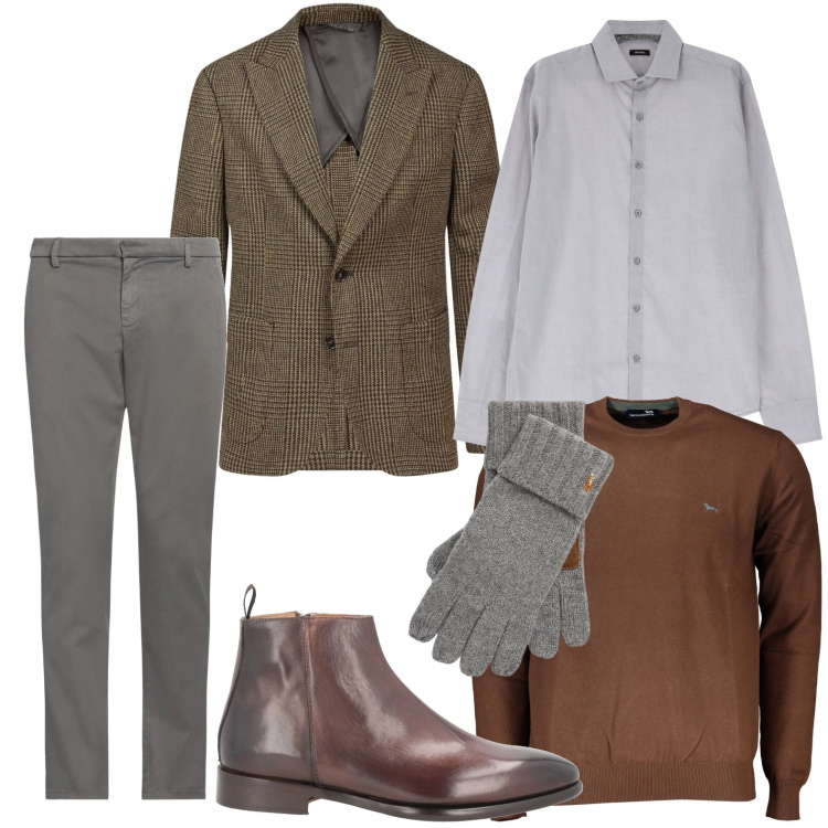 Outfit uomo - Stiloso. Stile Trendy per Ufficio. Abbinamento con stivali e stivaletti, pantaloni chino, camicie, guanti, giacche, maglieria.