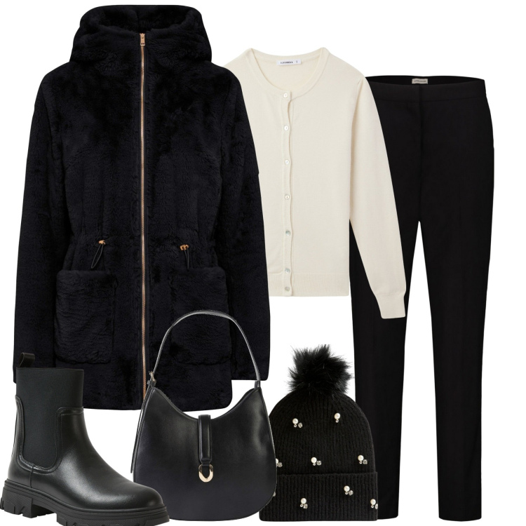 Outfit donna - Dicembre. Stile Urban per Tutti i giorni. Abbinamento con ecopellicce, borse a tracolla, berretti, cardigans, stivaletti chelsea, pantaloni.