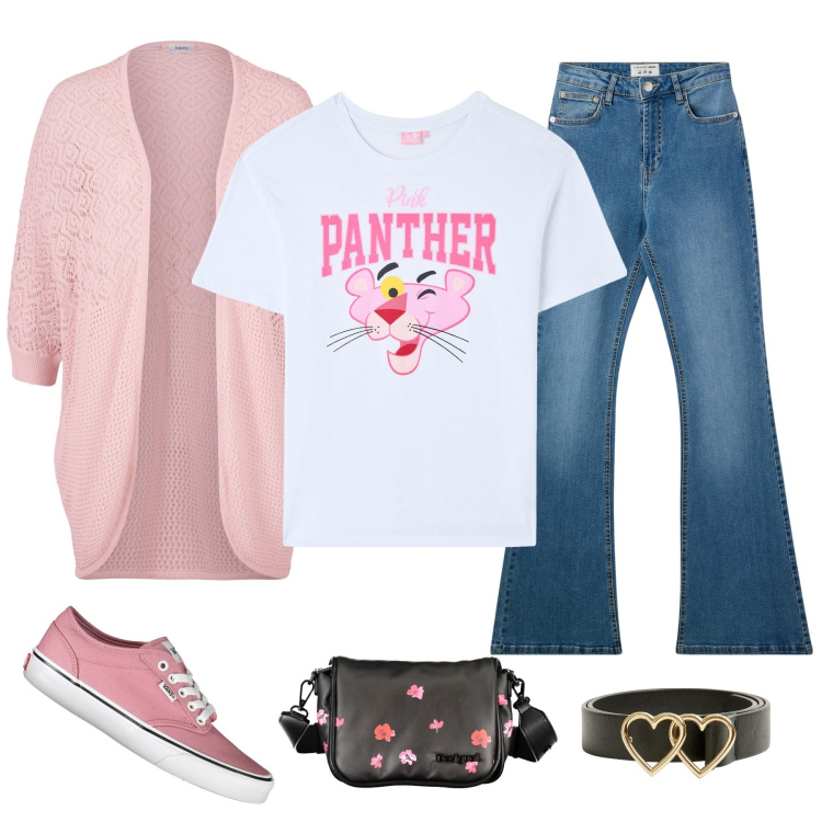Outfit donna - Total look #2018541. Stile Casual chic per Tutti i giorni. Abbinamento con cardigans, jeans a zampa, t-shirt, cinture, borse a spalla, sneakers.