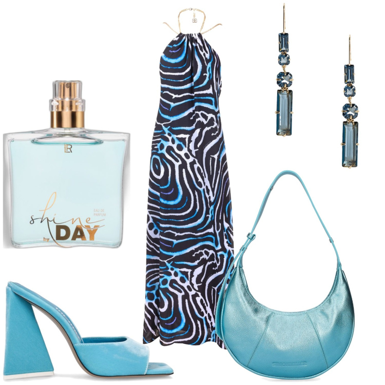 Outfit donna - La serata astratta. Stile Glamour per Serata fuori. Abbinamento con profumi, vestiti senza maniche, orecchini, borse a spalla, pantofole.