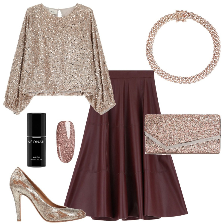Outfit donna - Festeggiamenti glamour. Stile Glamour per Serata fuori. Abbinamento con décolleté, smalti, braccialetti, felpe, gonne lunghe, pochette.