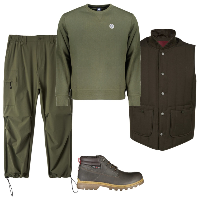 Outfit uomo - Green. Stile Casual per Tutti i giorni. Abbinamento con pantaloni, piumini, felpe, stivali.