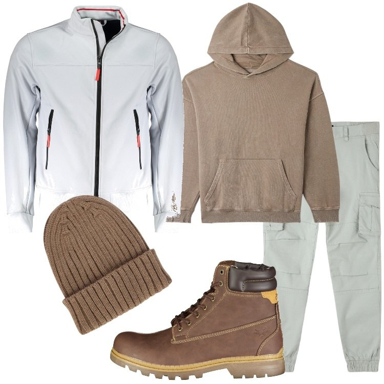Outfit uomo - Outdoor urbano. Stile Urban per Tutti i giorni. Abbinamento con pantaloni cargo, felpe con cappuccio, berretti, stivali, giacche sportive.