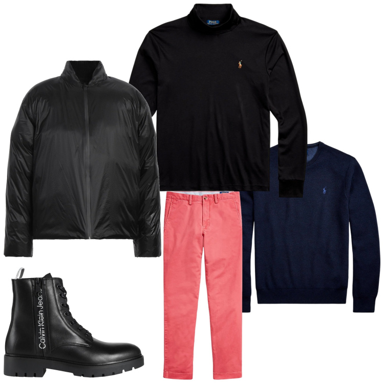 Outfit uomo - Un tocco di colore. Stile Casual per Tutti i giorni. Abbinamento con piumini, anfibi, maglieria, polo, pantaloni chino.