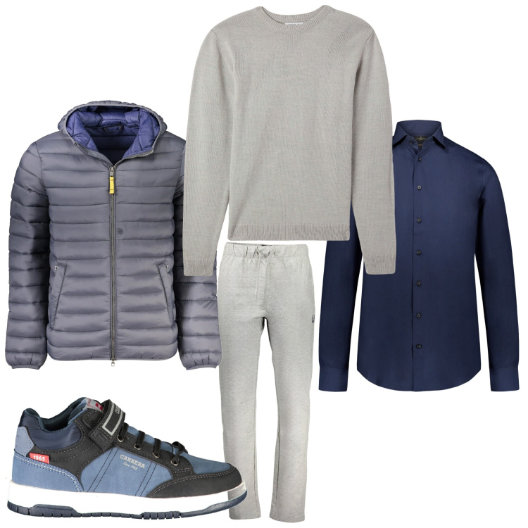 Outfit uomo - Grigio e blu. Stile Casual per Tutti i giorni. Abbinamento con maglieria, camicie, giacche, sneakers, pantaloni.