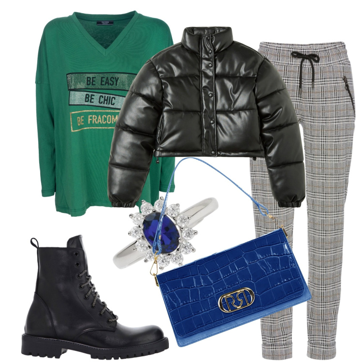 Outfit donna - Colore in inverno. Stile Trendy per Tutti i giorni. Abbinamento con pantaloni, blazer, anelli, borse a tracolla, t-shirt, stivaletti.