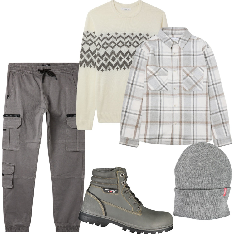 Outfit uomo - Total look #2018588. Stile Casual per Tutti i giorni. Abbinamento con pantaloni cargo, cappotti, maglieria, stivali, berretti.