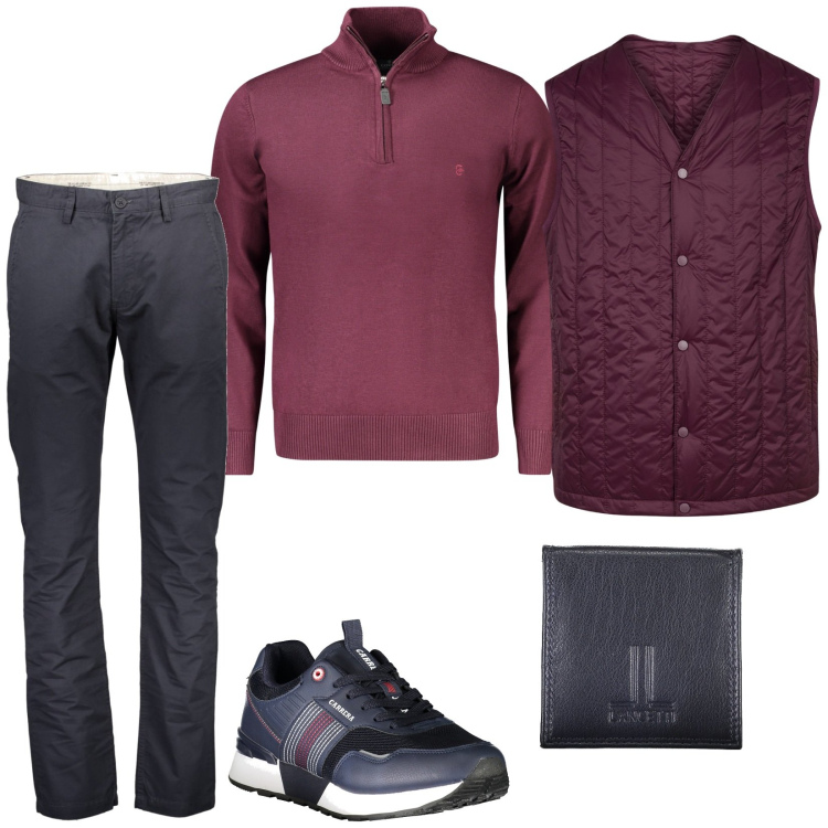 Outfit uomo - Color Borgogna super trendy. Stile Casual per Tutti i giorni. Abbinamento con piumini, portamonete, sneakers, pantaloni, maglieria.
