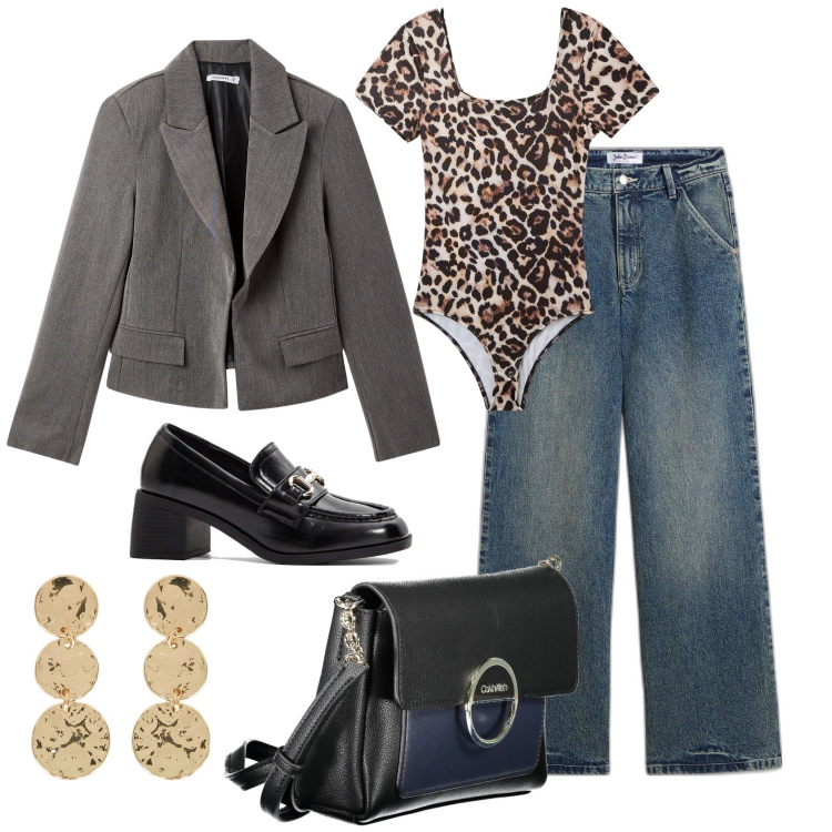 Outfit donna - Dettagli animalier. Stile Trendy per Tutti i giorni. Abbinamento con jeans, scarpe col tacco, blazer, body, borse a tracolla, orecchini.