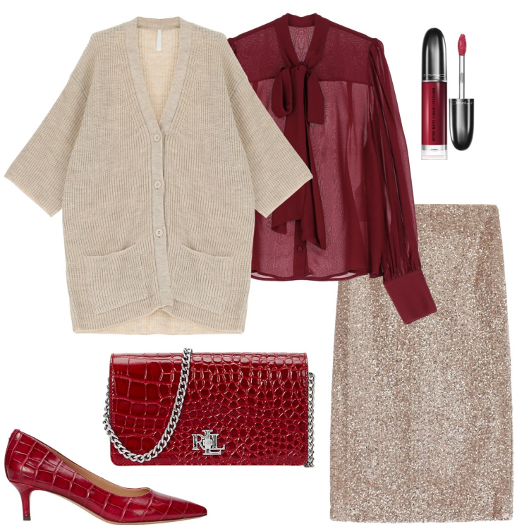 Outfit donna - La gonna scintillante. Stile Chic per Serata fuori. Abbinamento con rossetti, camicie, gonne, cardigans, borse a mano, décolleté.