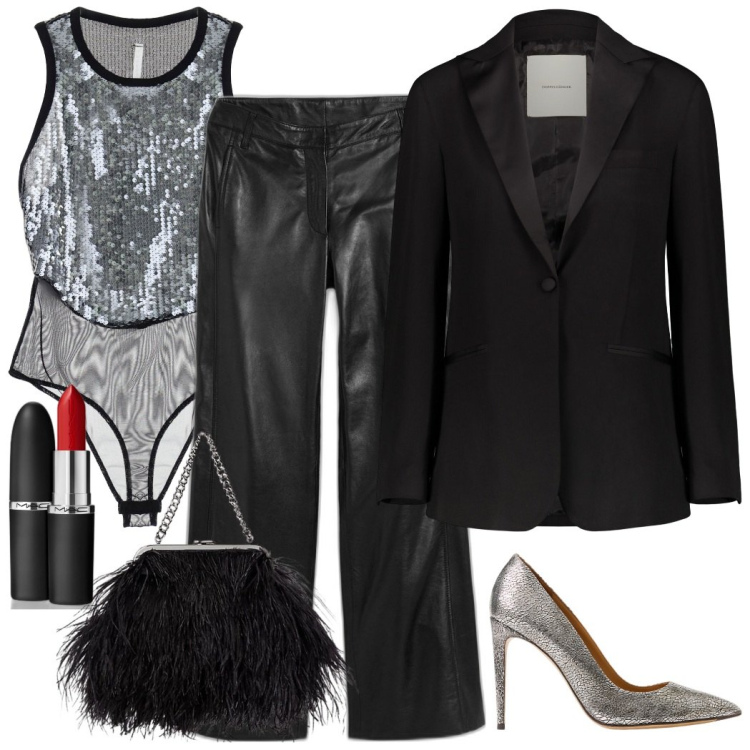 Outfit donna - In pantalone in ecopelle. Stile Glamour per Serata fuori. Abbinamento con pantaloni, rossetti, body, décolleté, clutch, giacche.
