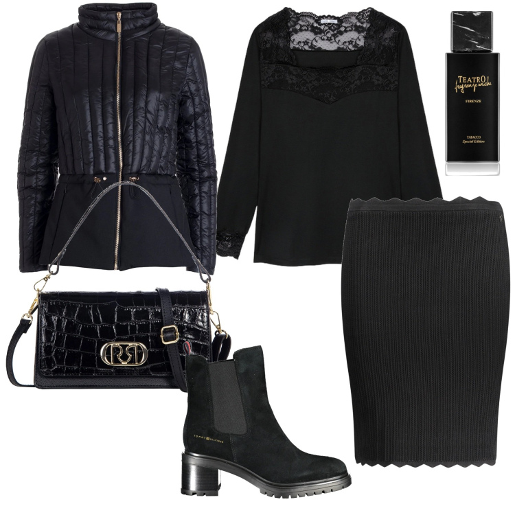 Outfit donna - Serata fuori. Stile Casual chic per Serata fuori. Abbinamento con profumi, borse a tracolla, piumini, t-shirt, gonne longuette, stivaletti.