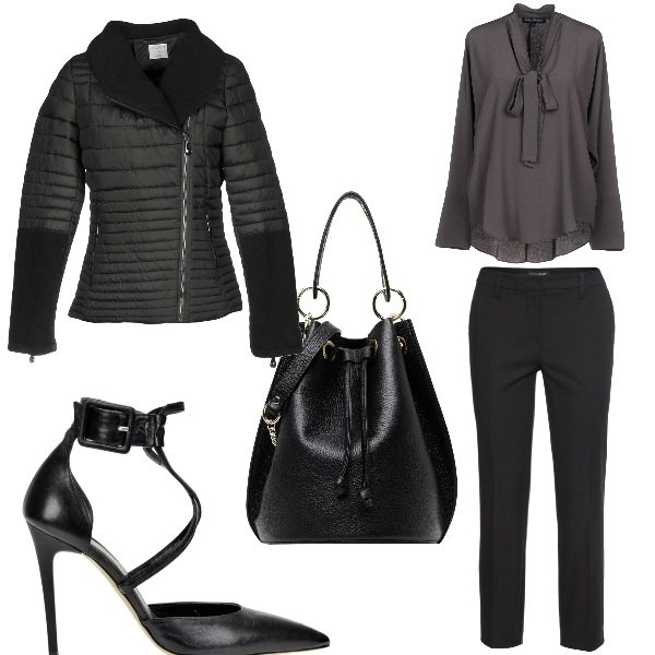 Outfit donna - Elegantissima. Stile Sexy per Serata fuori. Abbinamento con pantaloni, giubbotto collo con revers a maniche lunghe con zip interno foderato in tessuto tecnico tinta unita, blusa con fiocco effetto acetato a maniche lunghe in seta crêpe, décolleté con cinturino e tacco spillo made italy, borsa a mano secchiello in pelle.