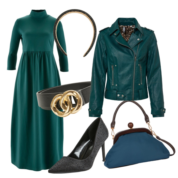 Outfit donna - V Smeraldo. Stile Chic per Serata fuori. Abbinamento con blazer, vestiti midi/longuette, décolleté, cinture, cerchietti, clutch.