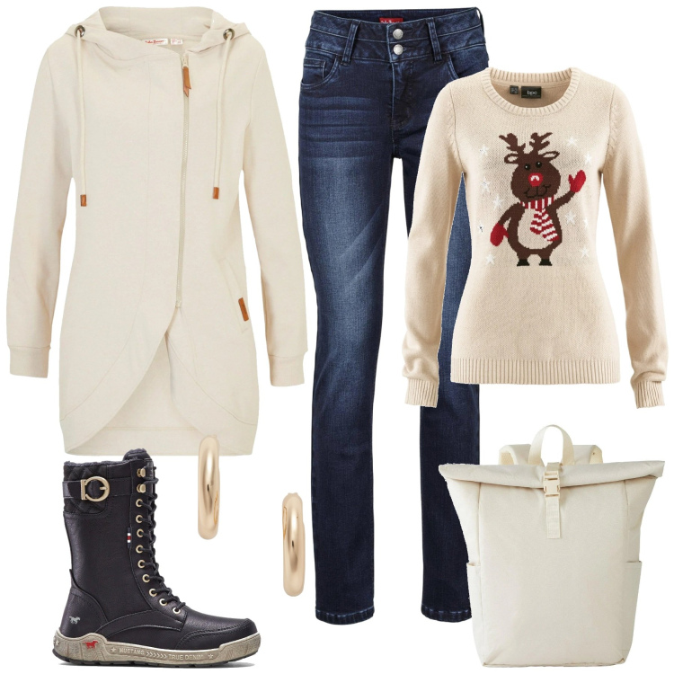 Outfit donna - Dicembre.....regina delle nevi. Stile Casual per Tutti i giorni. Abbinamento con jeans, blazer, stivali, zaini, maglieria, orecchini.