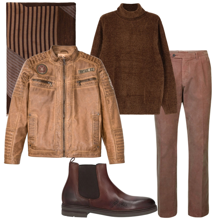 Outfit uomo - Colori terrosi. Stile Urban per Tutti i giorni. Abbinamento con giacche, stivali e stivaletti, sciarpe, maglieria, pantaloni.
