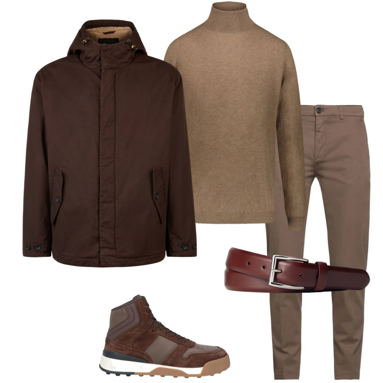 Outfit uomo - Colori terrosi. Stile Urban per Tutti i giorni. Abbinamento con sneakers alte, pantaloni, cinture, giacche, maglieria.