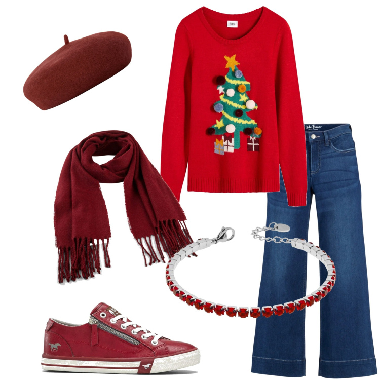 Outfit donna - Non convenzionale. Stile Casual per Serata fuori. Abbinamento con jeans a zampa, sneakers, sciarpe, maglieria, braccialetti, cappelli e berretti.