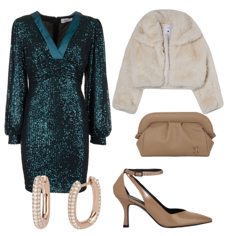 Outfit donna - Look ricercato. Stile Glamour per Serata fuori. Abbinamento con blazer, orecchini, vestiti, borse a mano, décolleté.
