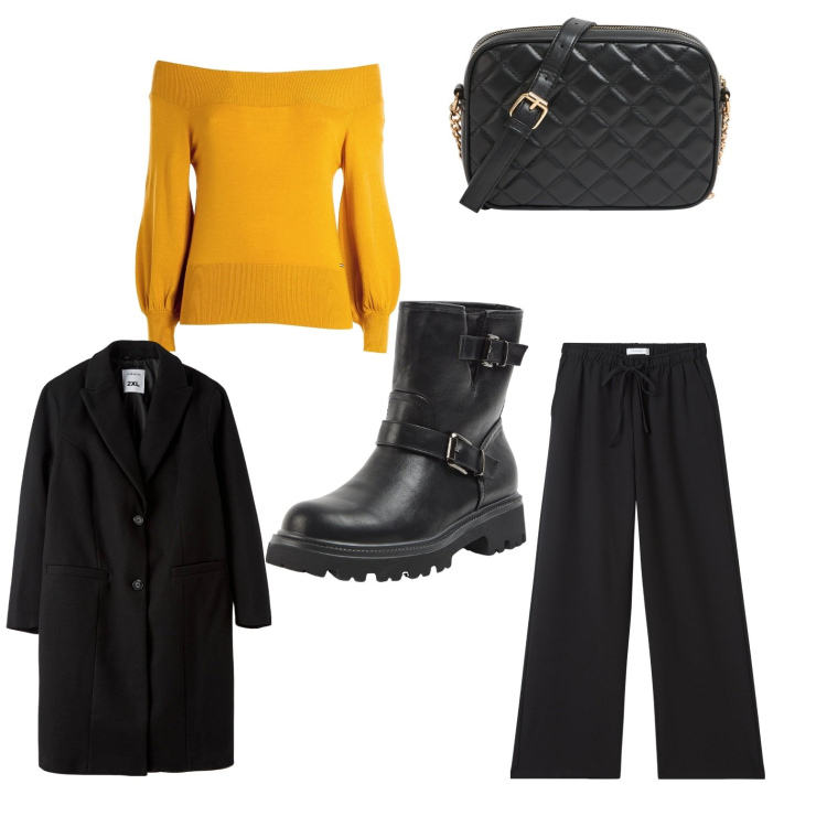 Outfit donna - Aperitivo. Stile Casual chic Abbinamento con stivaletti, borse a tracolla, pantaloni, cappotti, maglieria.