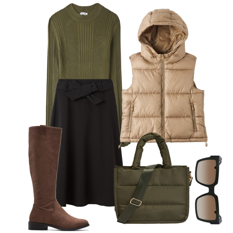 Outfit donna - Lo smanicato per l\'ufficio. Stile Bon Ton per Ufficio. Abbinamento con stivali, gonne lunghe, piumini, maglieria, shopping bag, occhiali da sole.