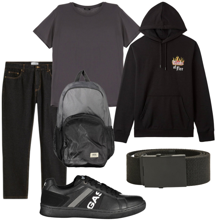 Outfit uomo - Total look #2018674. Stile Casual per Tutti i giorni. Abbinamento con jeans dritti, felpe con cappuccio, cinture, t-shirt, borse sportive, sneakers.