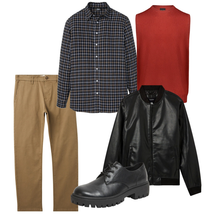 Outfit uomo - Aria familiare. Stile Casual per Tutti i giorni. Abbinamento con camicie, pantaloni chino, bomber, scarpe stringate, gilet.