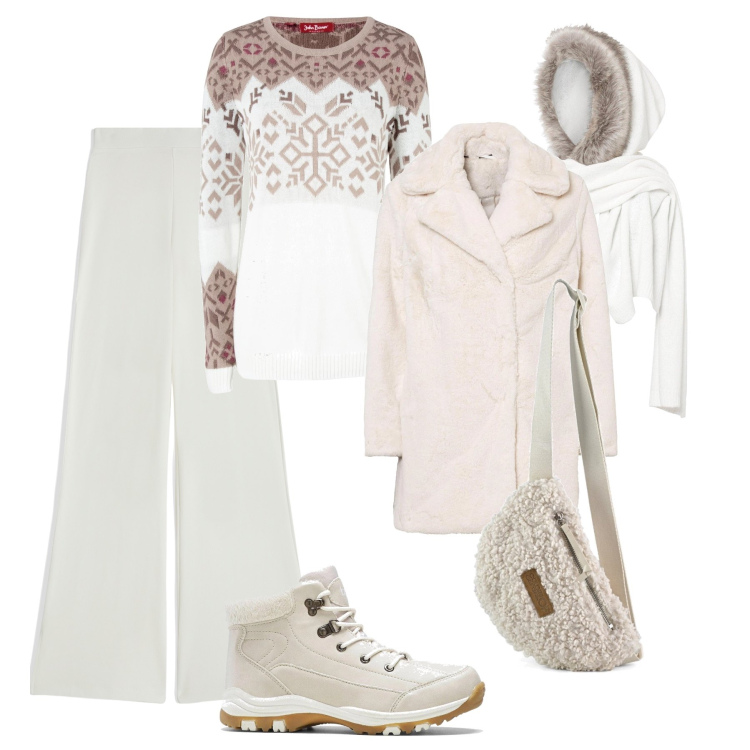 Outfit donna - Natale sportivo, caldo e morbido. Stile Casual per Tutti i giorni. Abbinamento con stivaletti, maglieria, sciarpe, ecopellicce, pantaloni, marsupi.