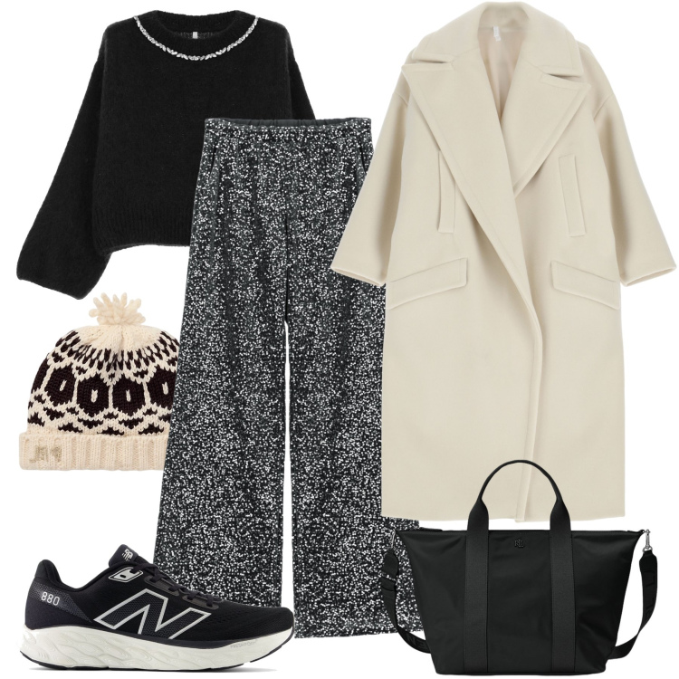 Outfit donna - Tendenza: paillettes in città !. Stile Trendy per Tutti i giorni. Abbinamento con sneakers, cappotti, pantaloni, maglieria, borse tote, berretti.