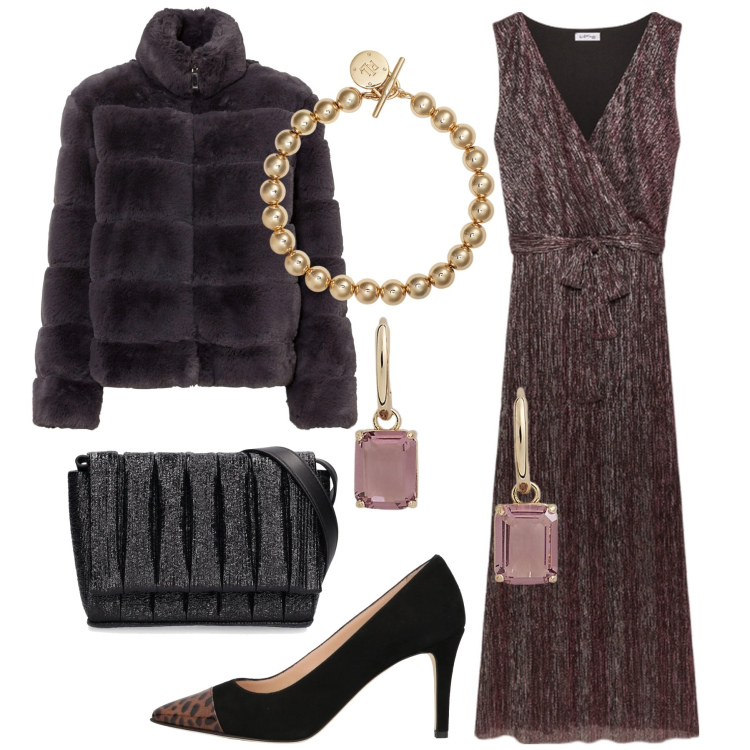 Outfit donna - Serata speciale. Stile Glamour per Serata fuori. Abbinamento con ecopellicce, décolleté, braccialetti, orecchini, vestiti lunghi, borse a spalla.