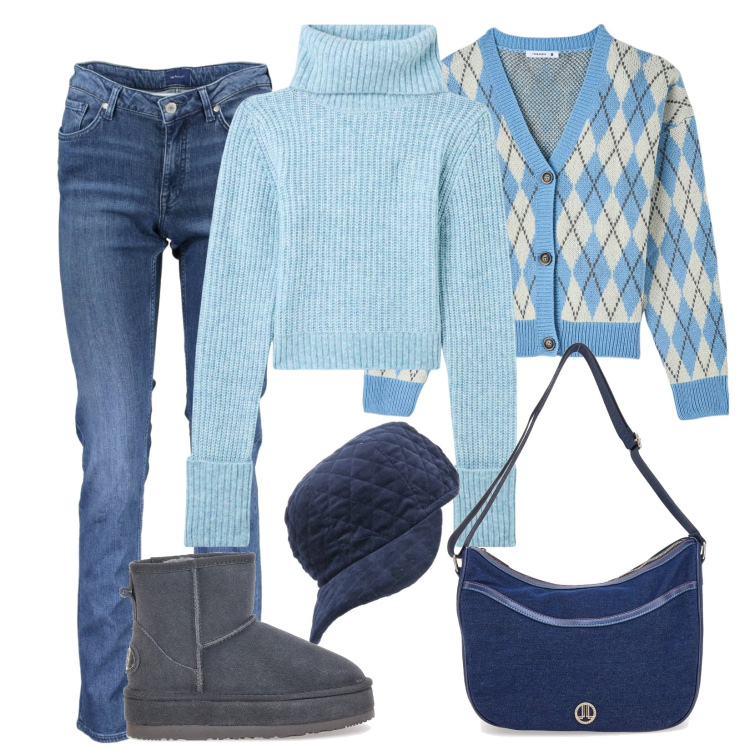Outfit donna - In blu. Stile Casual per Tutti i giorni. Abbinamento con cardigans, maglieria, stivaletti, jeans, cappelli con visiera, borse a tracolla.