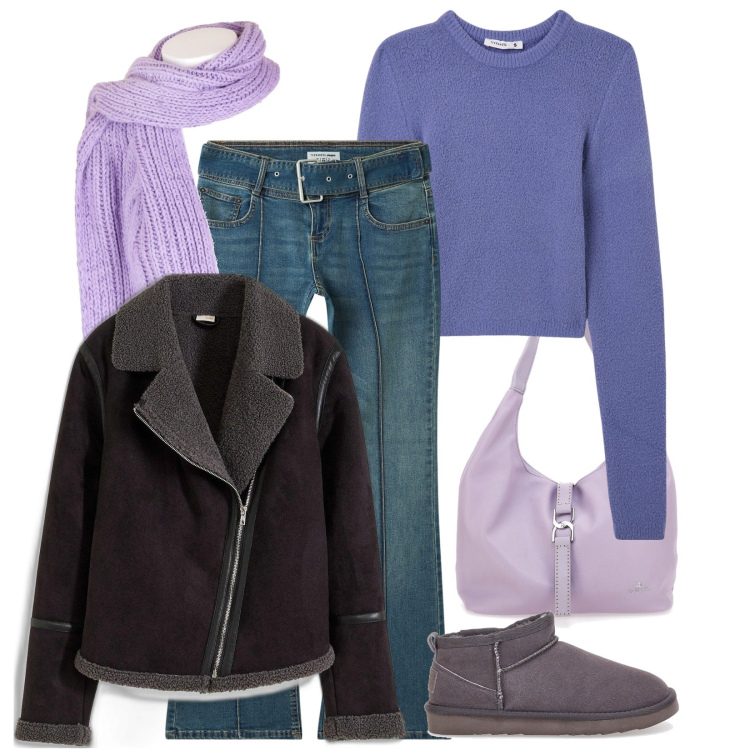 Outfit donna - V come viola. Stile Casual per Tutti i giorni. Abbinamento con blazer, jeans a zampa, maglieria, sciarpe, stivaletti, borse a spalla.