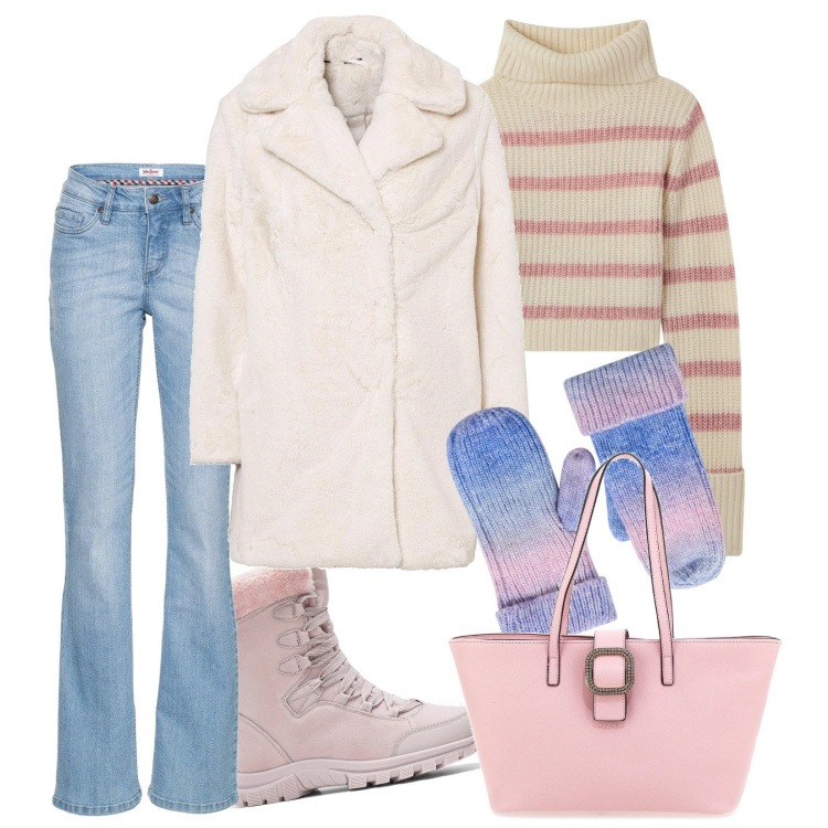 Outfit donna - In rosa. Stile Casual per Tutti i giorni. Abbinamento con jeans bootcut, stivaletti, ecopellicce, maglieria, guanti, borse a spalla.