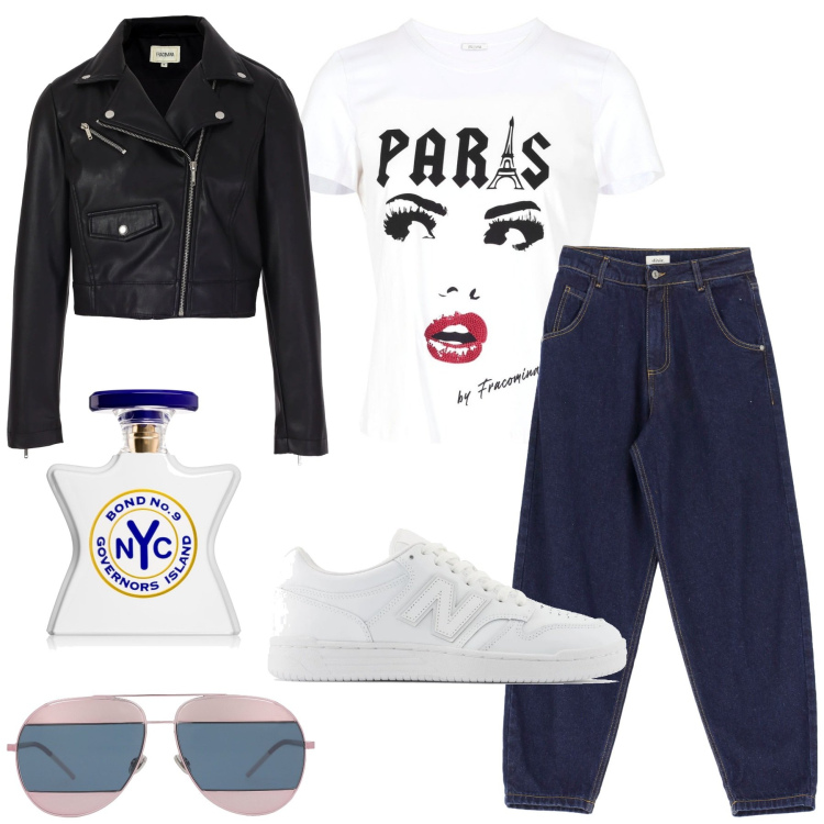 Outfit donna - Urban. Stile Urban per Tutti i giorni. Abbinamento con occhiali da sole, profumi, sneakers, blazer, t-shirt, jeans.