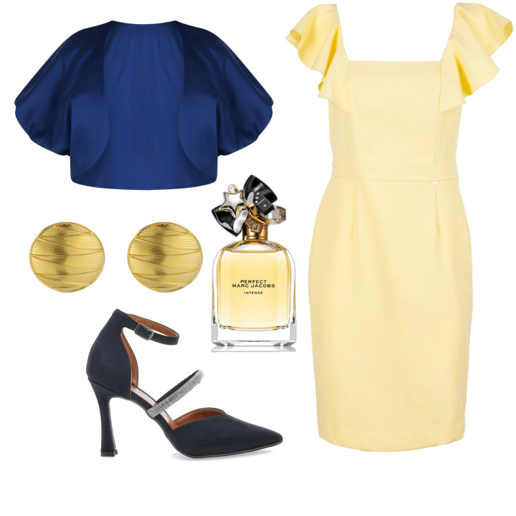 Outfit donna - Soft yellow. Stile Bon Ton per Cerimonia. Abbinamento con profumi, bolero, vestiti senza maniche, orecchini, décolleté.