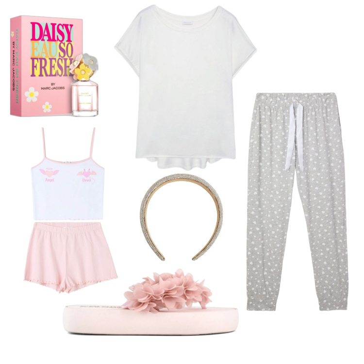 Outfit donna - Sweet home. Stile Romantica per Tutti i giorni. Abbinamento con profumi, pantaloni, cerchietti, pigiama, bluse, infradito.