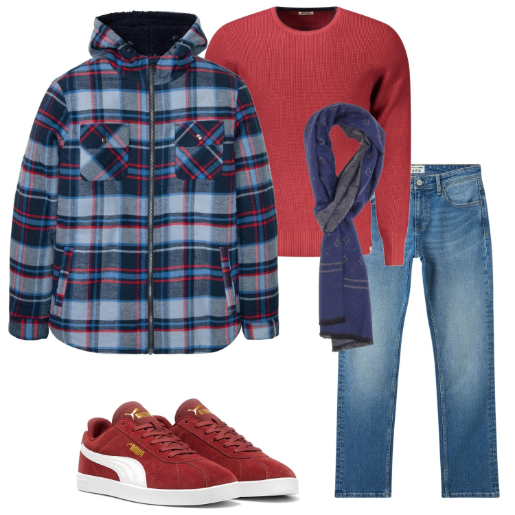 Outfit uomo - Cappotto scozzese. Stile Urban per Tutti i giorni. Abbinamento con cappotti, jeans, sneakers, maglieria, sciarpe.