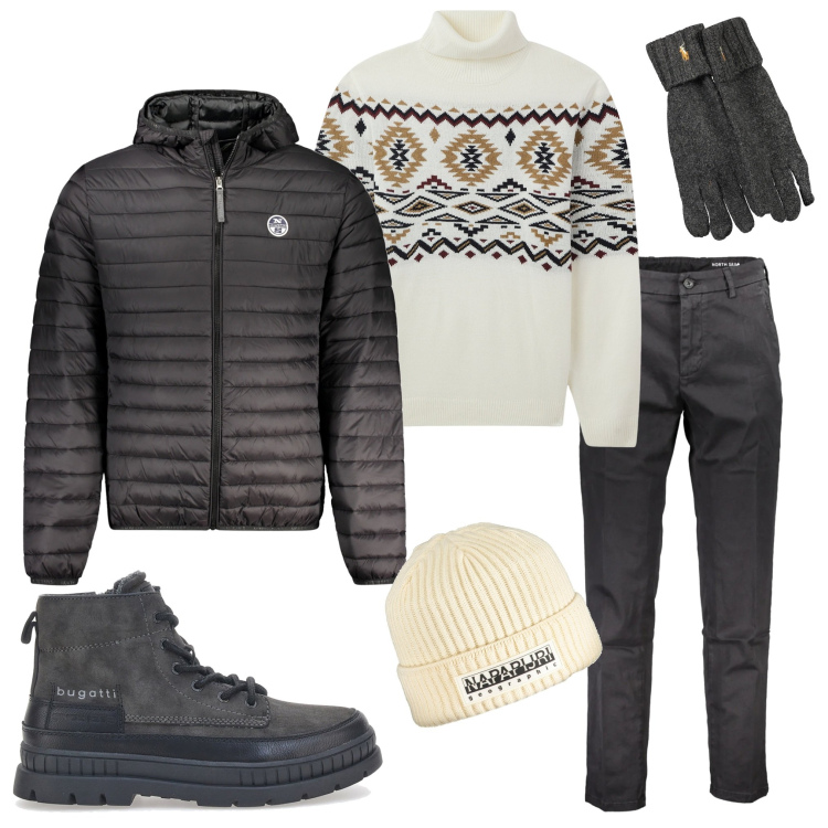 Outfit uomo - Weekend in montagna. Stile Urban per Tutti i giorni. Abbinamento con maglieria, stivali e stivaletti, pantaloni, giacche, berretti, guanti.