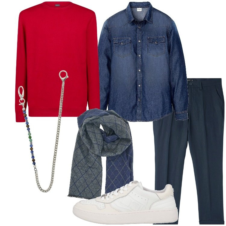 Outfit uomo - Casual chic. Stile Casual per Tutti i giorni. Abbinamento con camicie, sneakers, pantaloni chino, collane, maglieria, sciarpe.