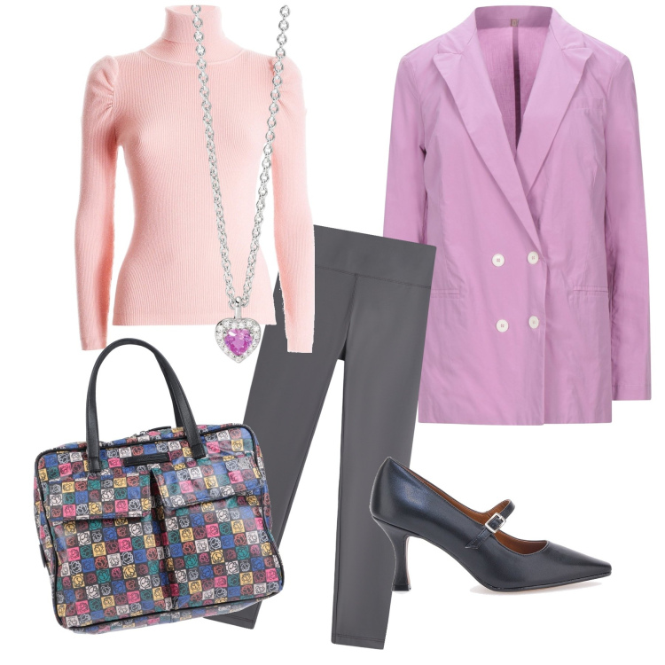 Outfit donna - In ufficio il mio cuore. Stile Bon Ton per Ufficio. Abbinamento con borse a tracolla, blazer, ciondoli, maglieria, leggings, décolleté.
