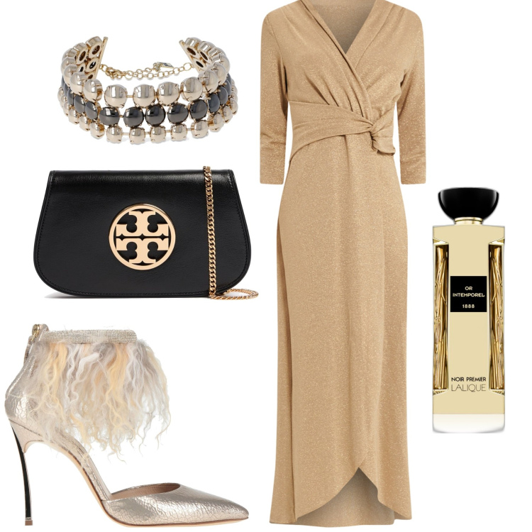 Outfit donna - Minimal chic. Stile Chic per Serata fuori. Abbinamento con décolleté, profumi, vestiti lunghi, collane, pochette.