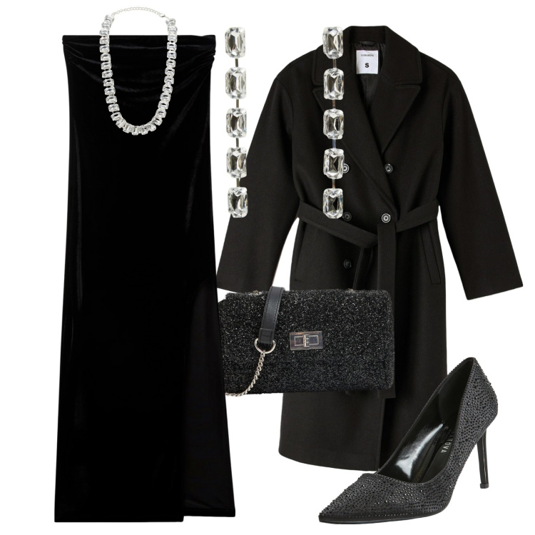 Outfit donna - Terranova Xmas. Stile Sexy per Serata fuori. Abbinamento con vestiti lunghi, décolleté, orecchini, borse a tracolla, cappotti, collane.